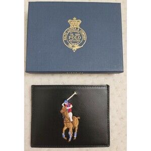 NWT Polo Ralph Lauren Embroidered Big Pony Leather Card Case Black in Gift box